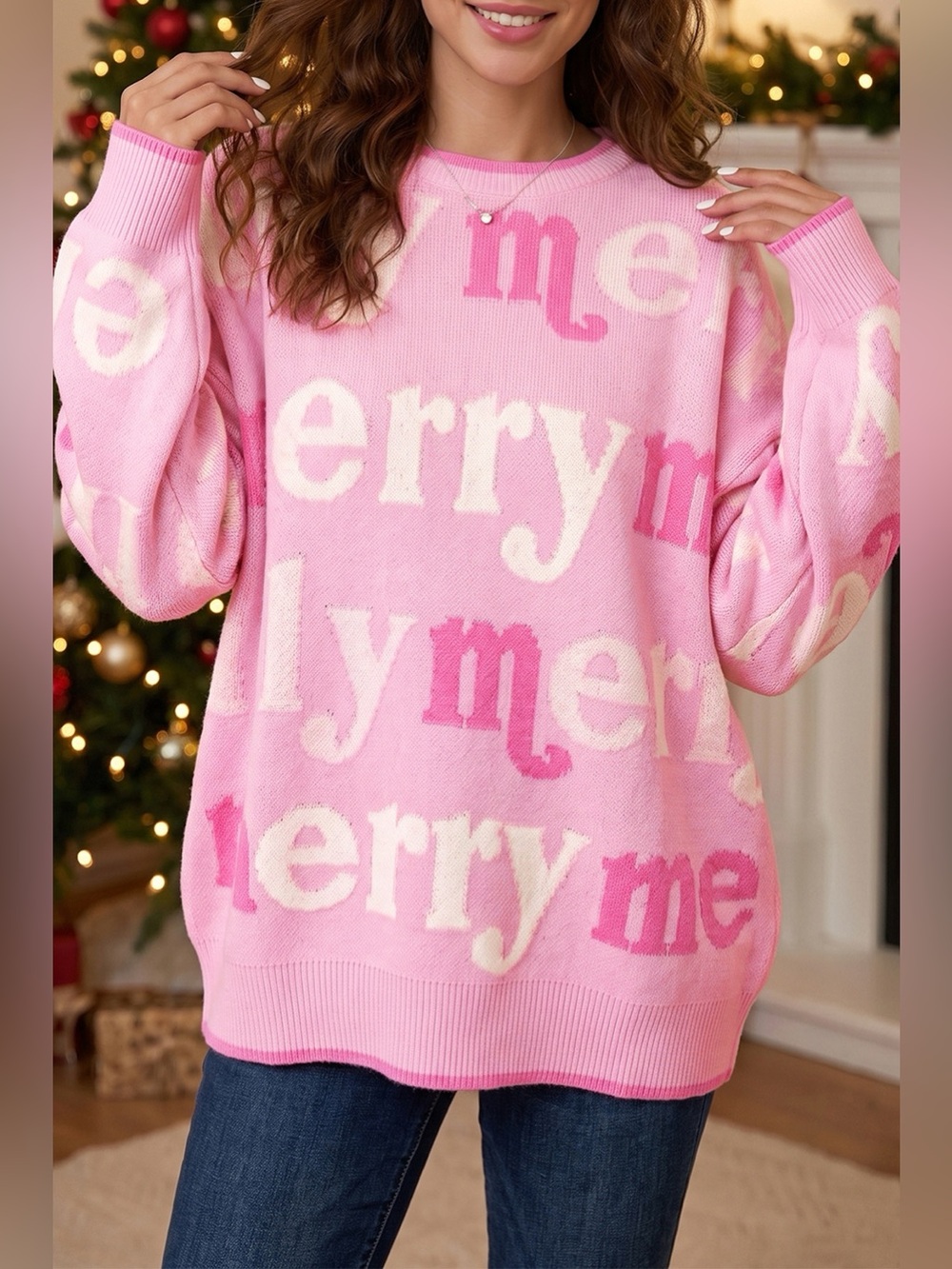 All Over Merry Me Graphic Round Neck Knit Sweater